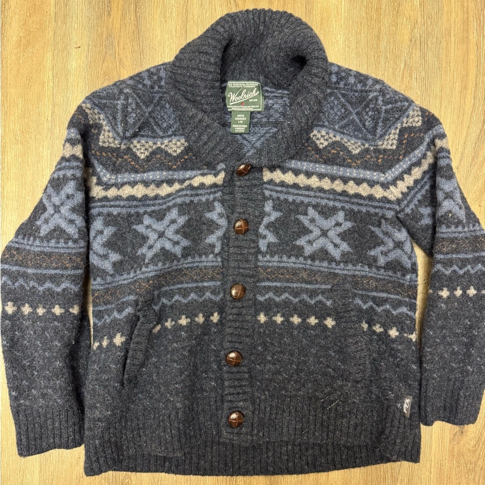 Woolrich Fair Isle Shawl Collar Wool Cardigan Men’s L Nordic Button Sweater‎